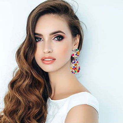 Rhinestone Statement Earrings Teardrop Costume Earrings Cluster Crystal Chandelier Drop Dangle Earrings for Women - color: Colorful