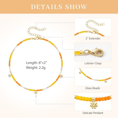 KissYan Beaded Ankle Bracelet for Women, Bead Anklet with Dangling Charm, Beach Waterproof Foot Jewelry Gifts for Her - color: Yellow