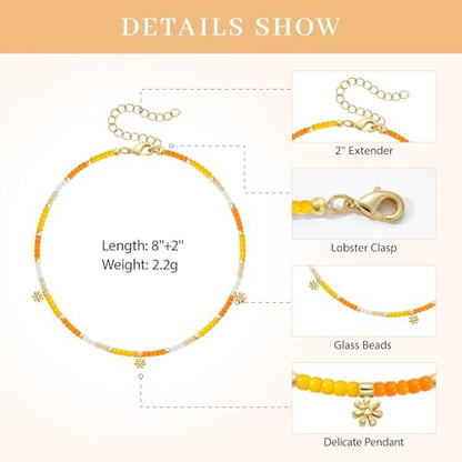 KissYan Beaded Ankle Bracelet for Women, Bead Anklet with Dangling Charm, Beach Waterproof Foot Jewelry Gifts for Her - color: Yellow