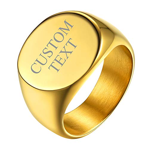 GoldChic Jewelry Personalized Signet Rings Men Women, Stainless Steel Custom Photo Bold Square/Oval Monogram/Old English Initial Pinky Stacking Statement Ring in Black/Silver/Gold (Size 7-14) - color: Gold-Customized -Round