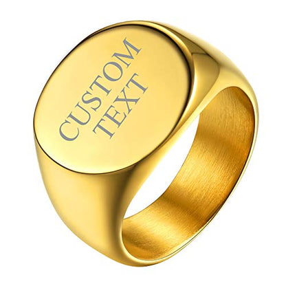 GoldChic Jewelry Personalized Signet Rings Men Women, Stainless Steel Custom Photo Bold Square/Oval Monogram/Old English Initial Pinky Stacking Statement Ring in Black/Silver/Gold (Size 7-14) - color: Gold-Customized -Round