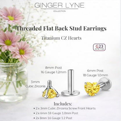 Titanium Heart CZ Labret Stud Earrings for Piercings by Ginger Lyne 6Pc Set G23 Screw Front Flat Back Body Jewelry 2 pair post 6mm, 8mm Cartilage, Helix, Tragus, Lip, Conch, Lobe - color: 3mm-Yellow