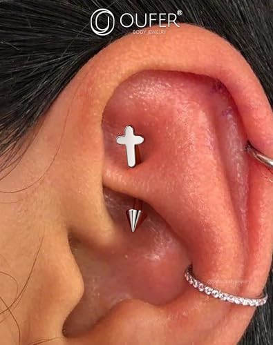 OUFER Rook Piercing Jewelry, G23 Solid Titanium Eyebrow Rings, Heart Vertical Labret Lip Jewelry, 16G Curved Barbells, Daith Rook Earrings for Women Men - color: Silver Cross, size: 16G 8mm