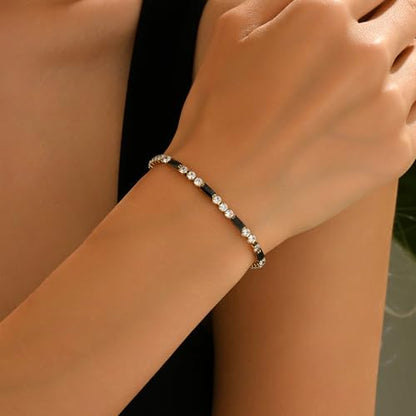 Tennis Bracelet for Women 18K Gold Plated White Red Green Black Blue Pink 3mm Cubic Zirconia Bracelet Dainty Diamond Adjustable Bracelet Trendy Jewelry Gift - color: Black Tennis-Gold