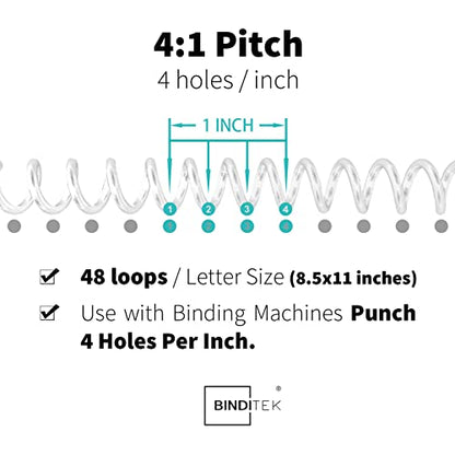Binditek 50 Pack Plastic Spiral Binding Coils, 6mm(1/4"), 30 Sheet Capacity, 4:1 Pitch, Clear, 48Loops, for Letter Size, for Students and Coworkers | Coil Binding Spines, 1/4", 30 Sheet Capacity, 48 Loops, for Letter-Size Reports, Presentations, School an