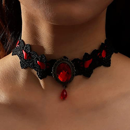 CSIYANJRY99 Gothic Choker Necklace for Women Halloween Red Crystal Vampire Choker Steampunk Lace Choker Witch Costume Accessories - style: Red