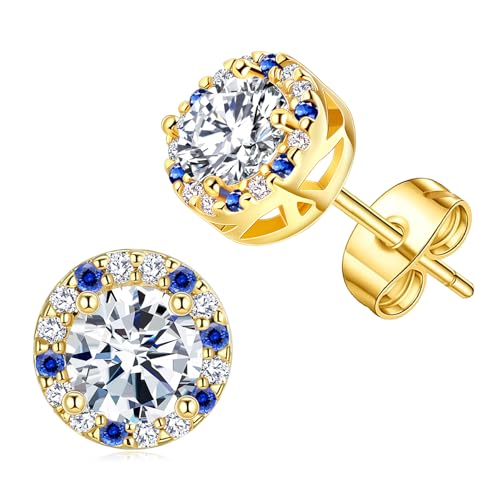 Titanium Stud for Sensitive Ears, Gold Plated Halo Cubic Zirconia Earrings - color: Round Yellow Stud