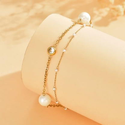 NONAMOIS 18K Gold Plated Diamond Ankle Bracelets for Women Waterproof Gold CZ Pearl Bow Link Chain Anklets Non Tarnish Summer Beach Foot Jewelry Gifts - color: Layered CZ &Pearl-Gold