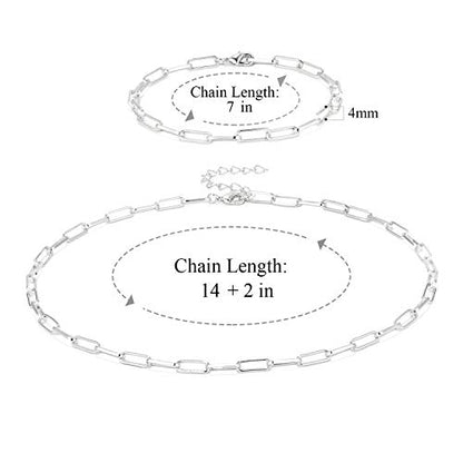 14K Gold Plated Dainty Paperclip Link Chain Necklace Bracelet Set for Women - style: 16" Silver Necklace + 7" Bracelet