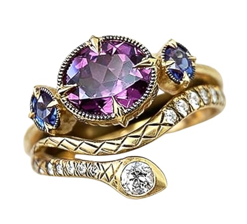 18k Gold Artistic Retro Copper Set with Amethyst Unique Sapphire Exotic Purple Zircon Snake Shaped Ring for Women's Exotic Party and Dinner Accessories Size 6 - size: US Code 6