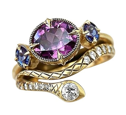 18k Gold Artistic Retro Copper Set with Amethyst Unique Sapphire Exotic Purple Zircon Snake Shaped Ring for Women's Exotic Party and Dinner Accessories Size 6 - size: US Code 6