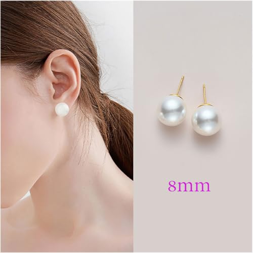 Oversized Faux Pearl Stud Earrings for Women, 14K Gold Plated Sterling Silver Hypoallergenic Large Classic Lightweight Pearl Earrings - size: 8mm