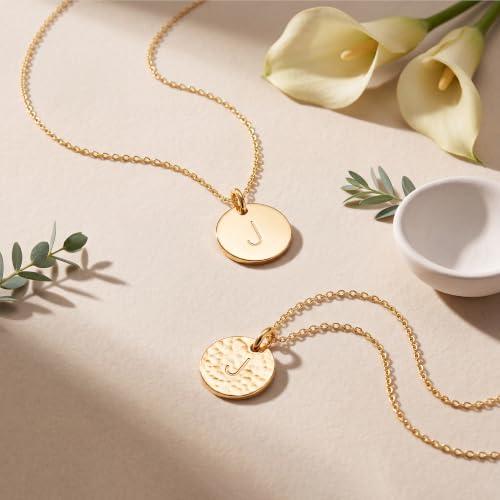 Bemoly Initial Necklace for Women Round 11MM Coin Disc Double Side Engraved Letter A-Z Hammered Pendant 14K Gold Plated Personalized Alphabet Birthday Jewelry 17.5" - style: J