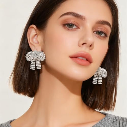 Rhinestone Earrings Dangling for Women Sparkly Silver Dangle Earrings Girls Long Chandelier Earrings Tassel Lightweight Ear Studs Cubic Zirconia (KE001S-W) - color: Bow BXE013S