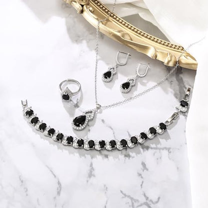 Wedding Jewelry Set for Women Bride Bridesmaid | Gorgeous Cubic Zirconia Teardrop Necklace Earrings Bracelet Adjustable Ring Jewelry Gift for Birthday/Anniversary - color: 11-Black Silver-Tone