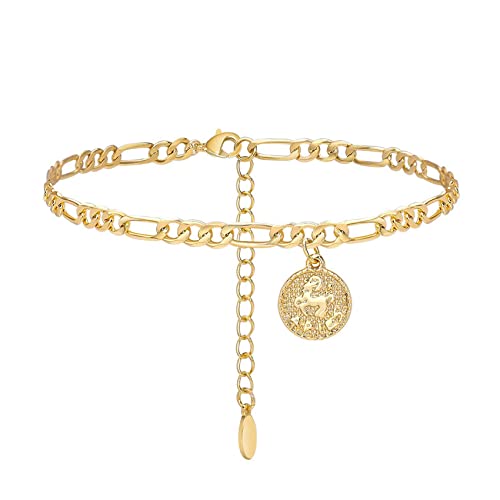 Anklets for Women Dainty Zodiac Constellation Anklet Zodiac Sign Disc Ankle Bracelet 14k Gold-Plated Anklets for Women - color: Aries(Mar.21—Apr.19)