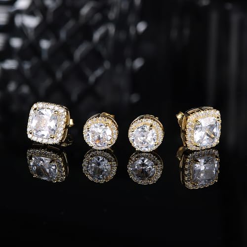 18K Gold Plated Halo Stud Earrings 925 Sterling Silver Cubic Zirconia Stud Earrings Round Square Diamonique Stud Earrings Set for Women Men - color: Gold