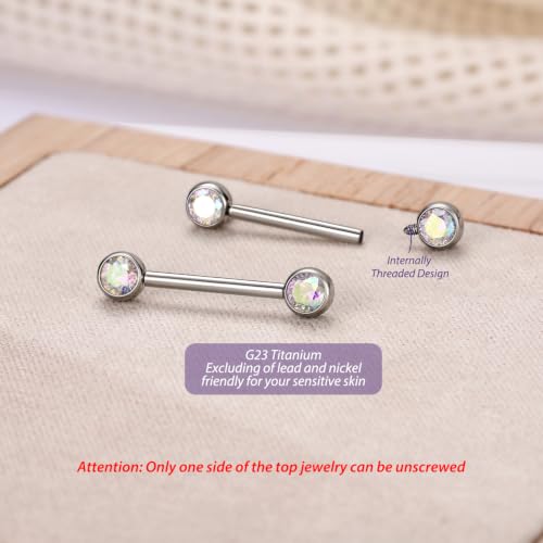 FUNLMO 2pcs Nipple Piercing Jewelry Titanium Nipple Rings Internally Threaded Tongue Rings Bridge Piercing Jewelry Nipple Barbells 14G 12-20mm - color: Silver,Aurora Borealis CZ