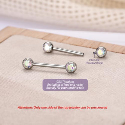FUNLMO 2pcs Nipple Piercing Jewelry Titanium Nipple Rings Internally Threaded Tongue Rings Bridge Piercing Jewelry Nipple Barbells 14G 12-20mm - color: Silver,Aurora Borealis CZ