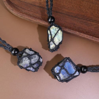 weryerker Natural Gemstone Pendant Necklace Healing Crystal Stone Pendant with Hand-Woven Rope Adjustable for Women Men - color: 1pc Labradorite 1