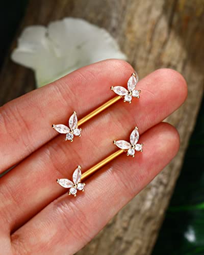 Butterfly Nipple Rings for Women 14G Nipple Piercing Jewelry Gold Nipple Ring Surgical Steel Nipple Shield CZ Nipple Barbell Body Piercing Jewelry for Women - color: Gold