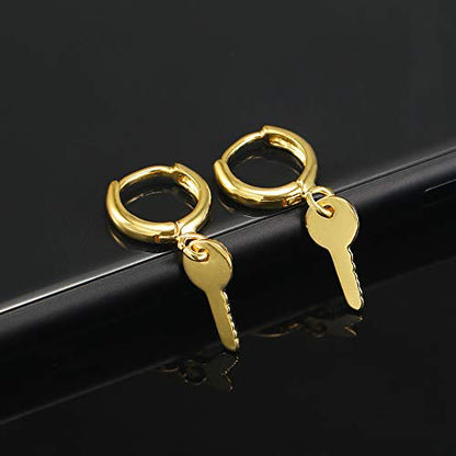 XYJZXY Gold Huggie Small Hoop Earrings with Charm Personalized Snake/Evil Eye/Star/Cross/Lock/Key 18k Gold Plated Crystal Drop Dangle Earrings for Women - style: Key