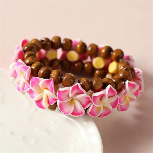Hawaiian Plumeria Rubra Wooden Beaded Bracelet for Women Boho Polymer Clay Plumeria Flower Stretch Bracelet Summer Beach Jewelry - color: Hot Pink