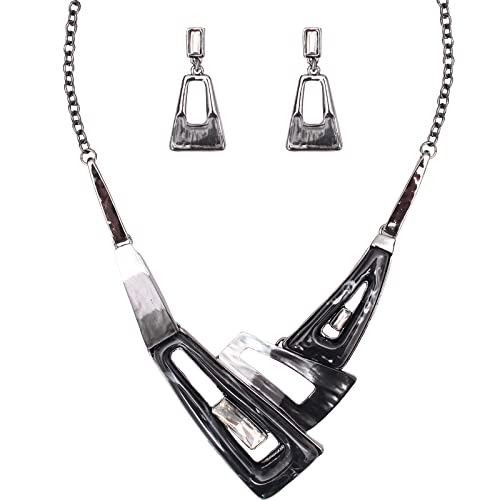 SFE Irregular Enamel Triangle Shape shell Collar Bib Bohemian Boho Statement Necklace Earrings Fashion Costume Jewelry Set for Women - color: Black-Gun Plated
