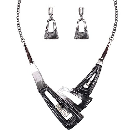 SFE Irregular Enamel Triangle Shape shell Collar Bib Bohemian Boho Statement Necklace Earrings Fashion Costume Jewelry Set for Women - color: Black-Gun Plated