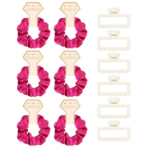 Bridesmaid Proposal Gifts, 12 PCS Bridesmaids Silk Hair Scrunchies & Pearl Hair Clips Set for Women Girls Bachelorette Party Favors Bridal Shower Favors Bridesmaids Gifts for Wedding Day (Hot Pink) - color: Hot Pink