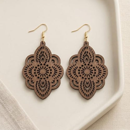 Boho Black Filigree Dangle Earrings for Women, Lightweight Hollow Lace Drop, Wood, 3.34" x 1.69", Bohemian Jewelry - color: Brown