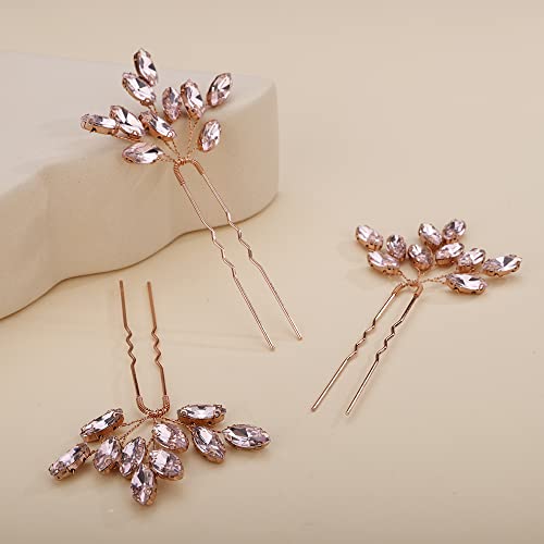 Teyglen 3pcs Bridal Crystal Hair Pins Rhinestones Hair Pieces Simple Crystal Wedding Hair Accessories Handmade Hair Pins for Women Bride Girls (Pink) - color: Pink