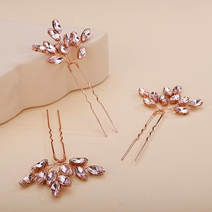 Teyglen 3pcs Bridal Crystal Hair Pins Rhinestones Hair Pieces Simple Crystal Wedding Hair Accessories Handmade Hair Pins for Women Bride Girls (Pink) - color: Pink