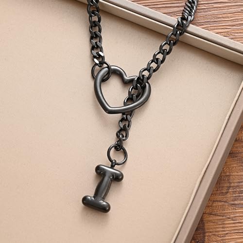 sroyte Black Heart Slip Chain Initial Necklaces for Women,Stainless Steel O-Ring Adjustable Lariat Heart Y-Necklace,Punk Gothic Cuban Collar Choker Necklace for women - color: Black I
