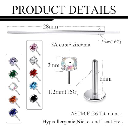 Titanium Flat Back Lip Rings Threadless Push in Earrings Studs Nose Rings 20G 18G 16G Mix Colors CZ Tragus Cartilage Lobe Rook Helix Conch Labret Medusa Nostril Piercing Jewelry for Women Men - size: 16G 8mm - 2mm CZ