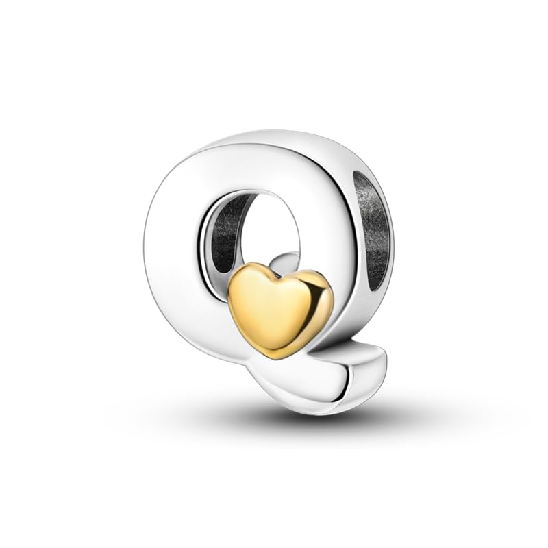 Women 925 Sterling Silver Charms A-Z Heart Letters Beads Pendant for Bracelets Women Fit Pandora Bracelets Hypoallergenic Beads - color: Q
