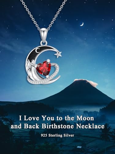 I Love You to the Moon and Back Necklace 925 Sterling Silver Black Crescent Moon Star Pendant with Heart Birthstone Necklace Anniversary Gothic Jewelry Gifts for Women Wife Lovers - color: 01-Jan-Garnet