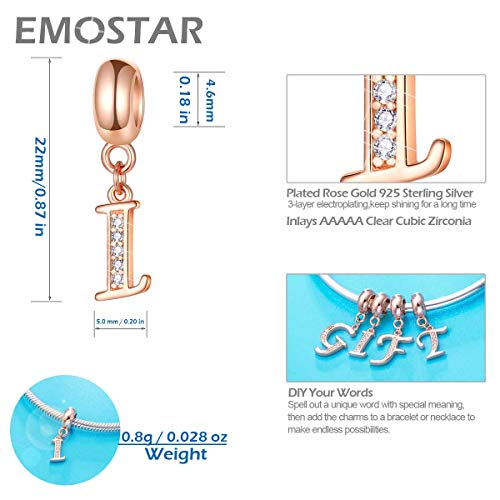 EMOSTAR Letter Charms Initial A-Z Alphabet Beads, Rose Gold 925 Sterling Silver Dangle CZ Birthstone Pendant, Gifts for European Charm Bracelet/Mothers Day/Birthday - color: Letter I