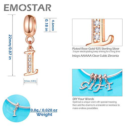 EMOSTAR Letter Charms Initial A-Z Alphabet Beads, Rose Gold 925 Sterling Silver Dangle CZ Birthstone Pendant, Gifts for European Charm Bracelet/Mothers Day/Birthday - color: Letter I