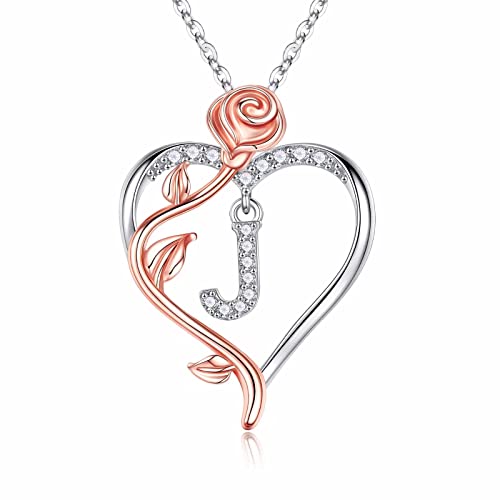 Iefil Rose Heart Initial Necklace, Anniversary Birthday Gifts for Women | Gift Box Packaging, 925 Sterling Silver, Jewelry Gift for Her Wife Mom Girlfriend, Initial A-Z, 19+2inches - color: IEFIL Jewelry Box, style: J