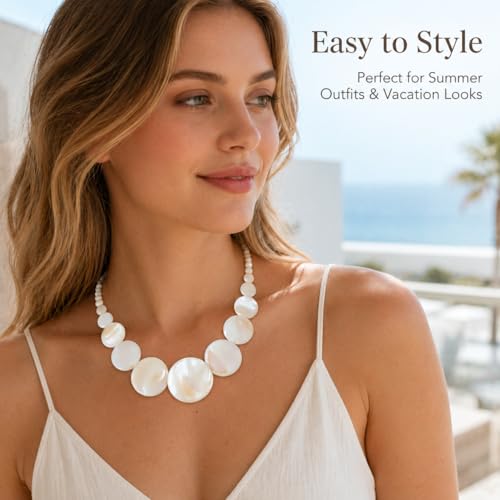 Shell Necklace for Women, White Disc Mother of Pearl Look Statement Choker | White disc beach jewelry with a mother of pearl look and adjustable fit for summer vacation, coastal and resort outfits.
