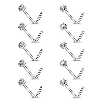 ZS 6-14PCS 20g Tiny Nose Stud Ring Piercing Surgical Steel Nose Bone/L Shaped/Nose Screws Rings Set - color: B:10pcs L Shaped Style(White)