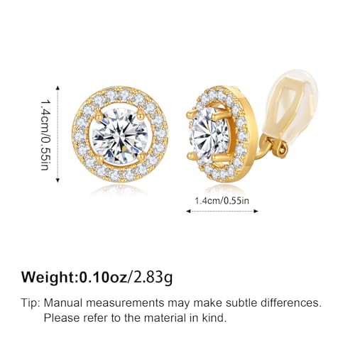 Clip On Earrings for Women Halo Clip-on Non-pierced Earrings Gold Plated Small CZ Studs Dainty Jewelry - color: Round