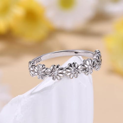 MILACOLATO 925 Sterling Silver Rings for Women Dainty CZ Daisy Flower Ring | 18K White Gold Plated Daisy Promise Ring for Her, Cute Sunflower Wedding Band Statement Engagement Ring, Mothers Jewelry Gift - color: 18K White Gold Plated Daisy Ring - Clear CZ