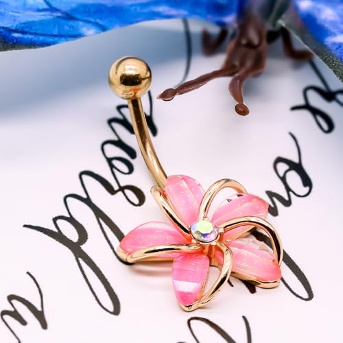 VERAMI 14G 316L Flower Belly Button Ring Surgical Steel Cute Flower Belly Button Ring Body Piercing Jewelry - color: Rose Glod-Pink