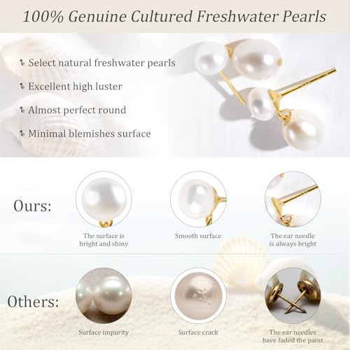Petite Pearl Drop Earrings for Women - Real Freshwater Cultured Pearls Collection, S925 Sterling Silver Hypoallergenic Posts, 18K Gold Plated Dainty Jewelry - color: White