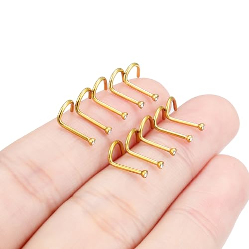 Hoeudjo Nose Studs Surgical Steel Cubic Zirconia Nose Rings Kit for Women Men Tiny Nose Stud Bone & Screw & L Shaped Nostril Piercing Jewelry 18/20/22/24 Gauge 10 Pieces - color: gold-tone,screw nose studs, size: 20g/1.5mm clear CZ