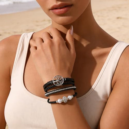 hotoo Leather Wrap Bracelets for Women Tree of Life Cuff Bracelets Pearl Rhinestone Bead Multi-Layer Bracelets Bohemian Jewelry Gift for Women - color: Black