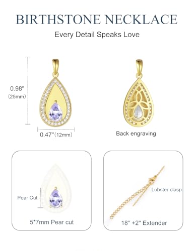 Birthstone Pendant Necklaces for Women 925 Sterling Silver Teardrop Pendant Necklace Birthday Jewelry Gift, 18"+2" Inches - color: 06 - Alexandrite