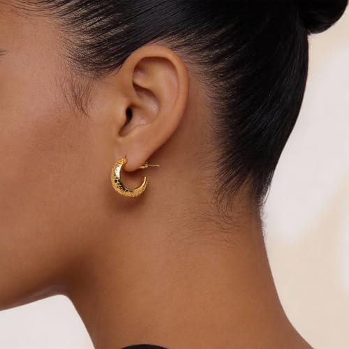 Small Hoop Earrings for Women Wide Half Huggie Hoops Chunky Hoop Earrings 18K Real Gold Plated 925 Sterling Silver Hammered Hypoallergenic Lightweight - color: QIHP-01-Gold